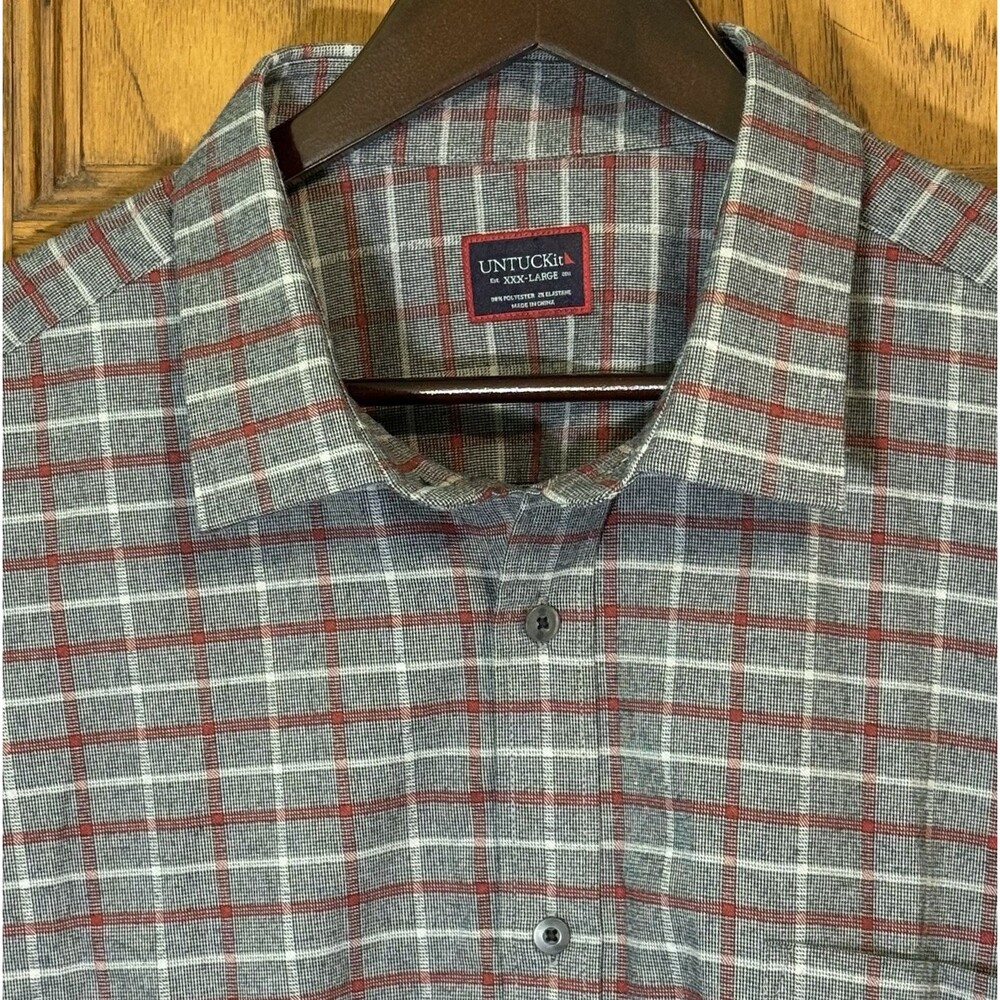 Untuckit Gunther Men's 3XL Gray Red Plaid Button Up LS Shirt Polyester Elastane